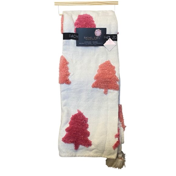 Rachel Zoe Decorative Throw 50"x70" Holiday Cheer Pink Trees Tassels Christmas